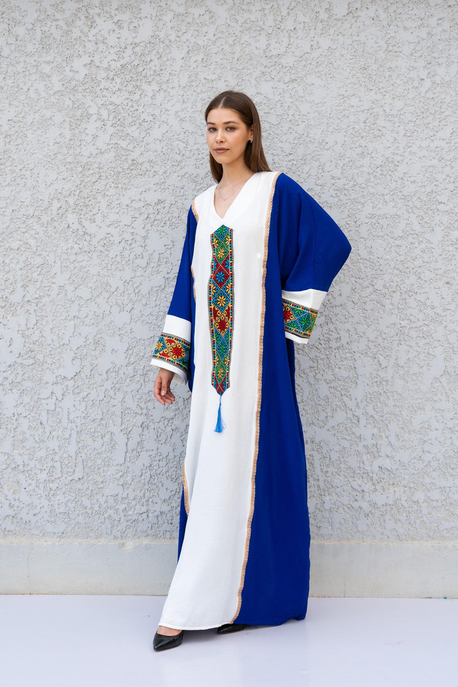 Ethnic Blue and White Embroidered Kaftan – Palestinian Style Caftan for Women – Colorful Boho Caftan Dress – Traditional Ethnic Wear Caftan