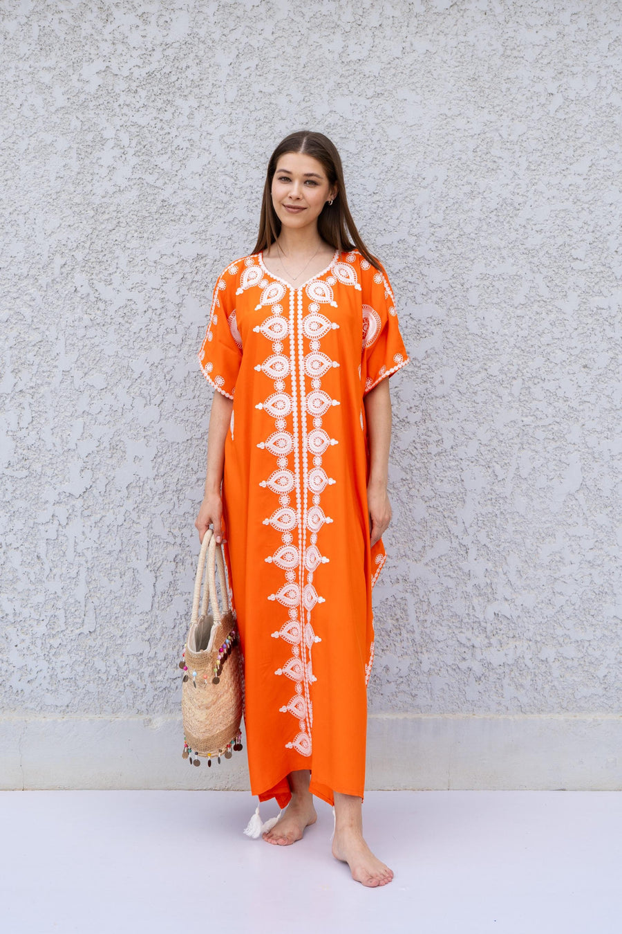 Orange Boho Caftan Dress – Moroccan Embroidered Kaftan for Women – Loose Fit Maxi Dress – Ramadan Eid Abaya – Resort Wear Loungewear