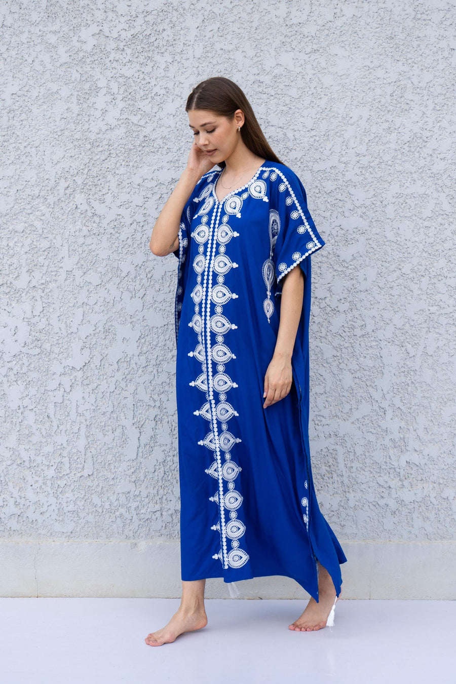 Blue Boho Caftan Dress – Moroccan Embroidered Kaftan for Women – Loose Fit Maxi Dress – Ramadan Eid Abaya – Resort Wear Loungewear
