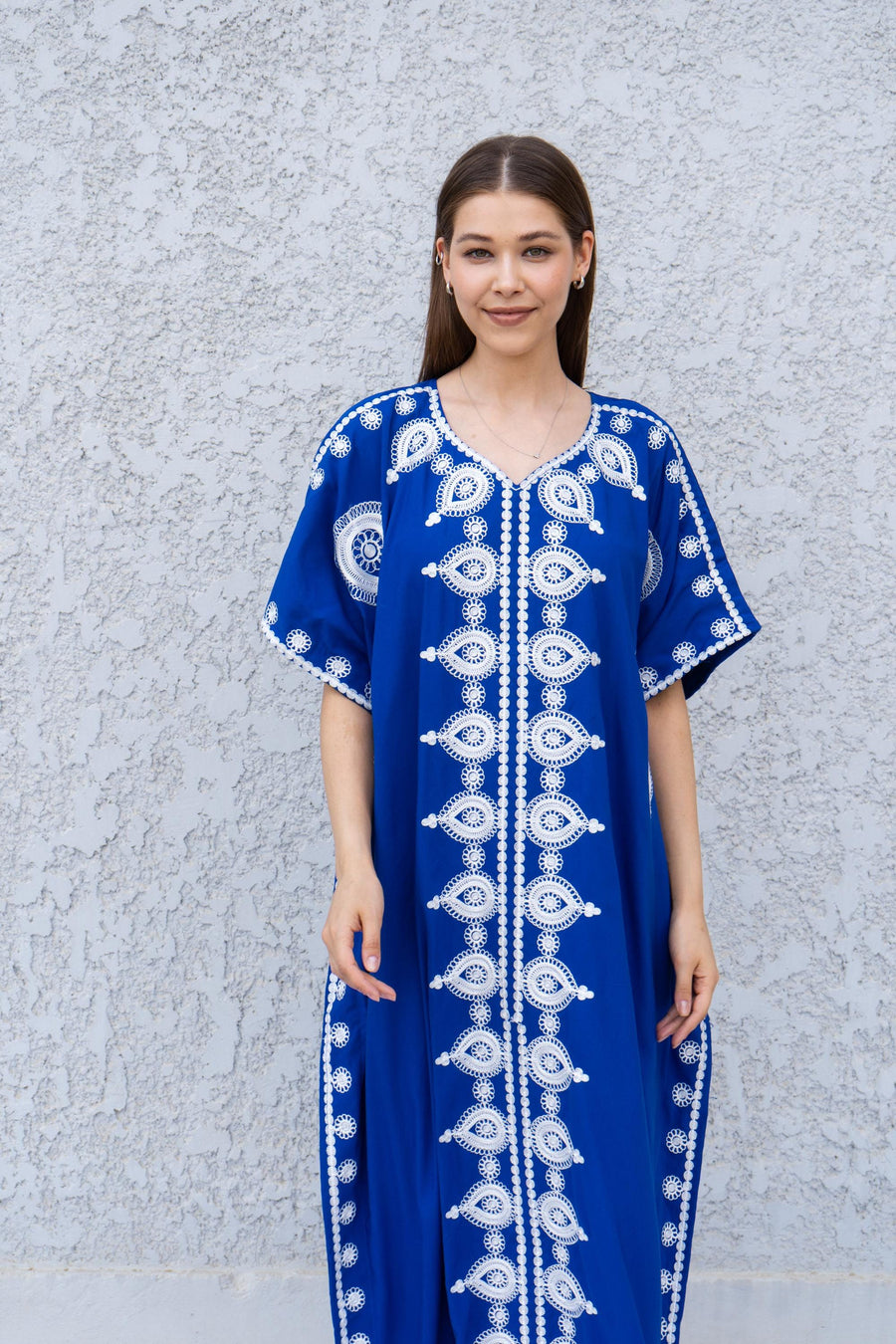 Blue Boho Caftan Dress – Moroccan Embroidered Kaftan for Women – Loose Fit Maxi Dress – Ramadan Eid Abaya – Resort Wear Loungewear