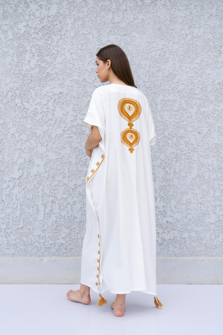 White Boho Caftan Dress – Moroccan Embroidered Kaftan for Women – Loose Fit Maxi Dress – Ramadan Eid Abaya – Resort Wear Loungewear