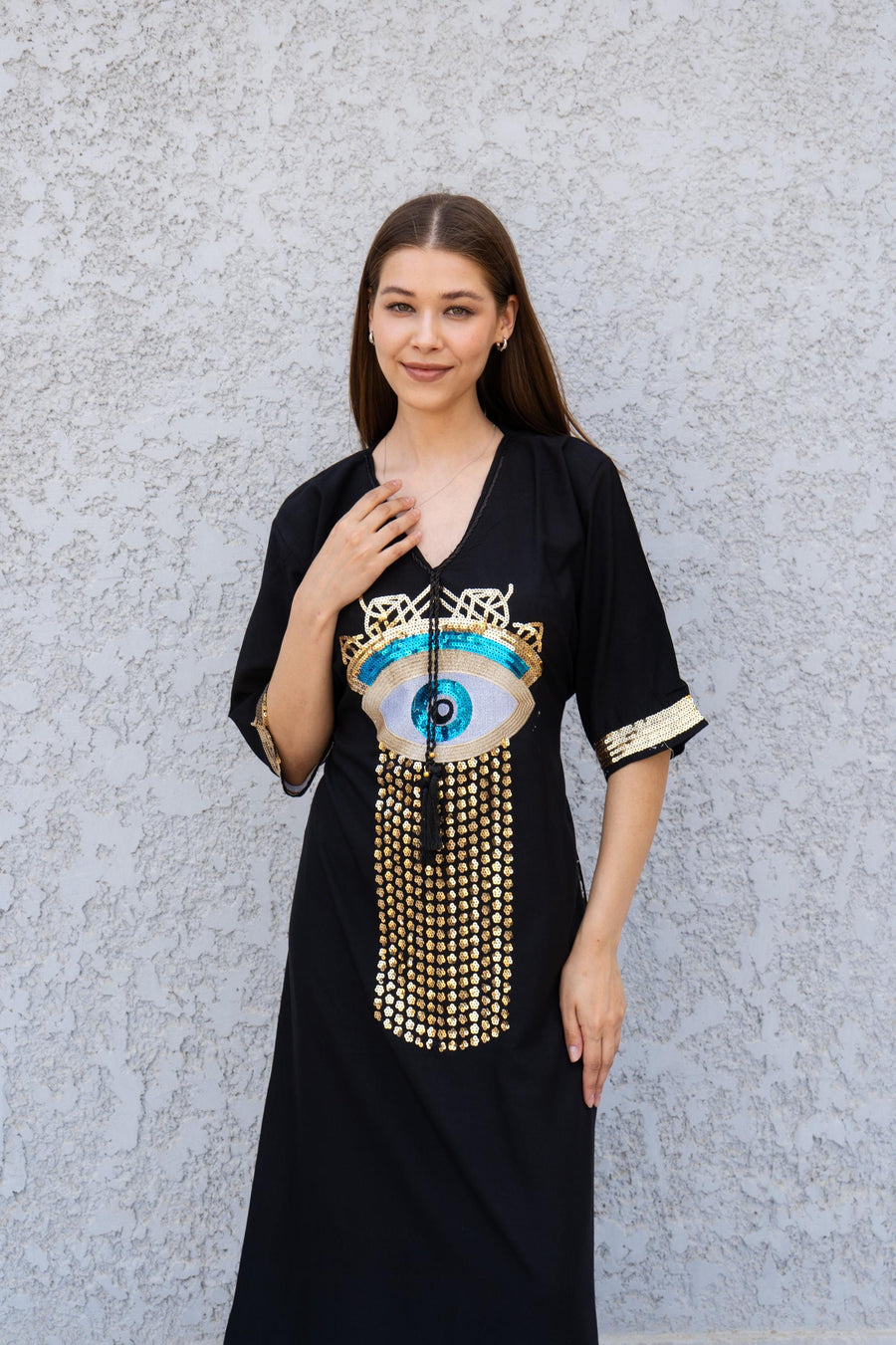 Black Evil Eye Kaftan Dress – Embroidered Maxi Caftan for Women – Greek Turkish Nazar Dress – Boho Resort Wear – Spiritual Protection Abaya