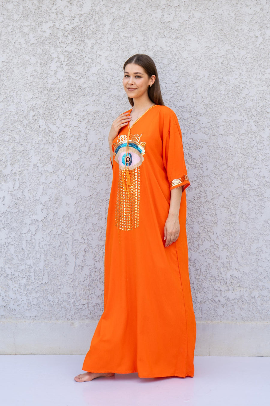 Orange Evil Eye Kaftan Dress – Embroidered Maxi Caftan for Women – Greek Turkish Nazar Dress – Boho Resort Wear – Spiritual Protection Abaya