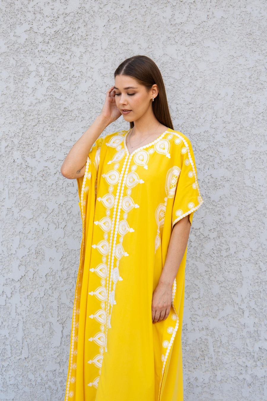 Yellow Boho Caftan Dress – Moroccan Embroidered Kaftan for Women – Loose Fit Maxi Dress – Ramadan Eid Abaya – Resort Wear Loungewear