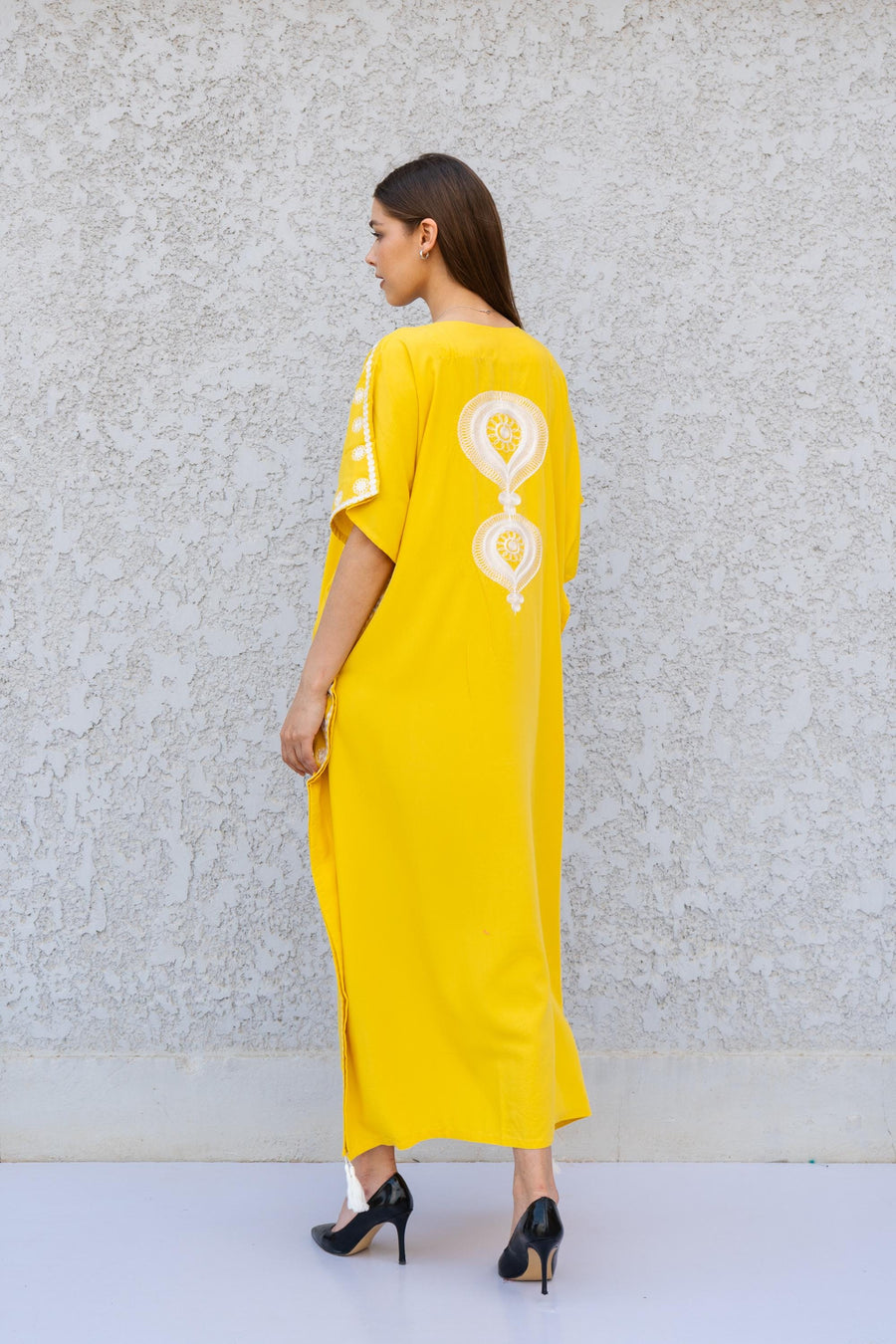 Yellow Boho Caftan Dress – Moroccan Embroidered Kaftan for Women – Loose Fit Maxi Dress – Ramadan Eid Abaya – Resort Wear Loungewear