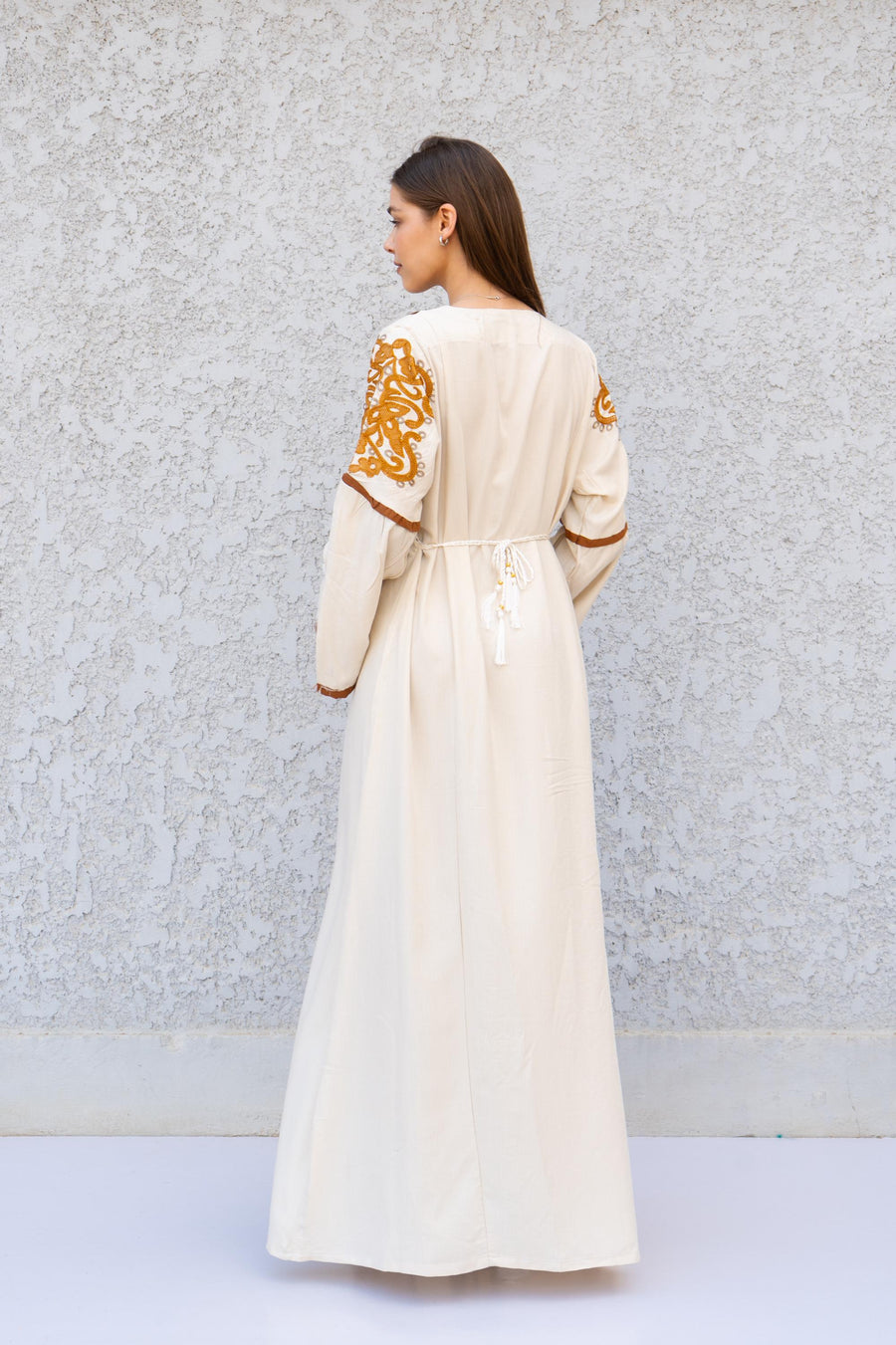 Beige Linen Kaftan Maxi Dress – Embroidered Caftan for Women – Boho Long Sleeve Abaya – Moroccan Style Dress – Summer Caftans