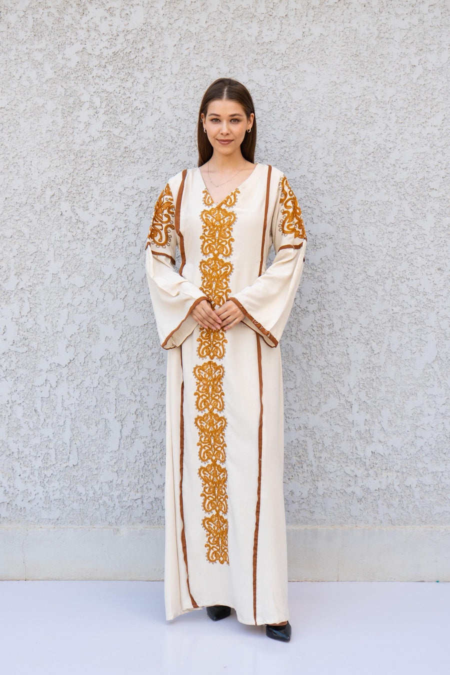 Beige Linen Kaftan Maxi Dress – Embroidered Caftan for Women – Boho Long Sleeve Abaya – Moroccan Style Dress – Summer Caftans