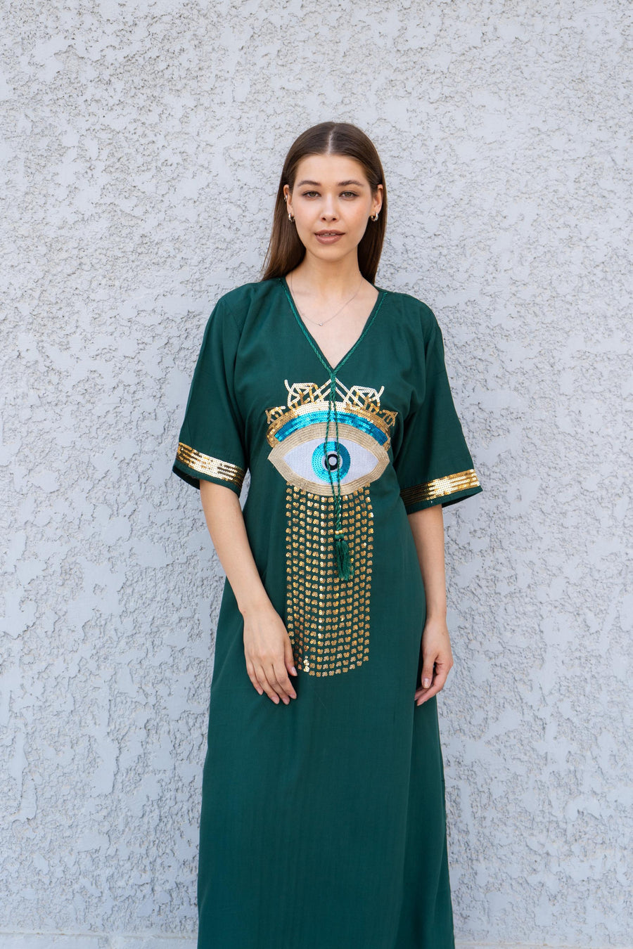 Green Evil Eye Kaftan Dress – Embroidered Maxi Caftan for Women – Greek Turkish Nazar Dress – Boho Resort Wear – Spiritual Protection Abaya