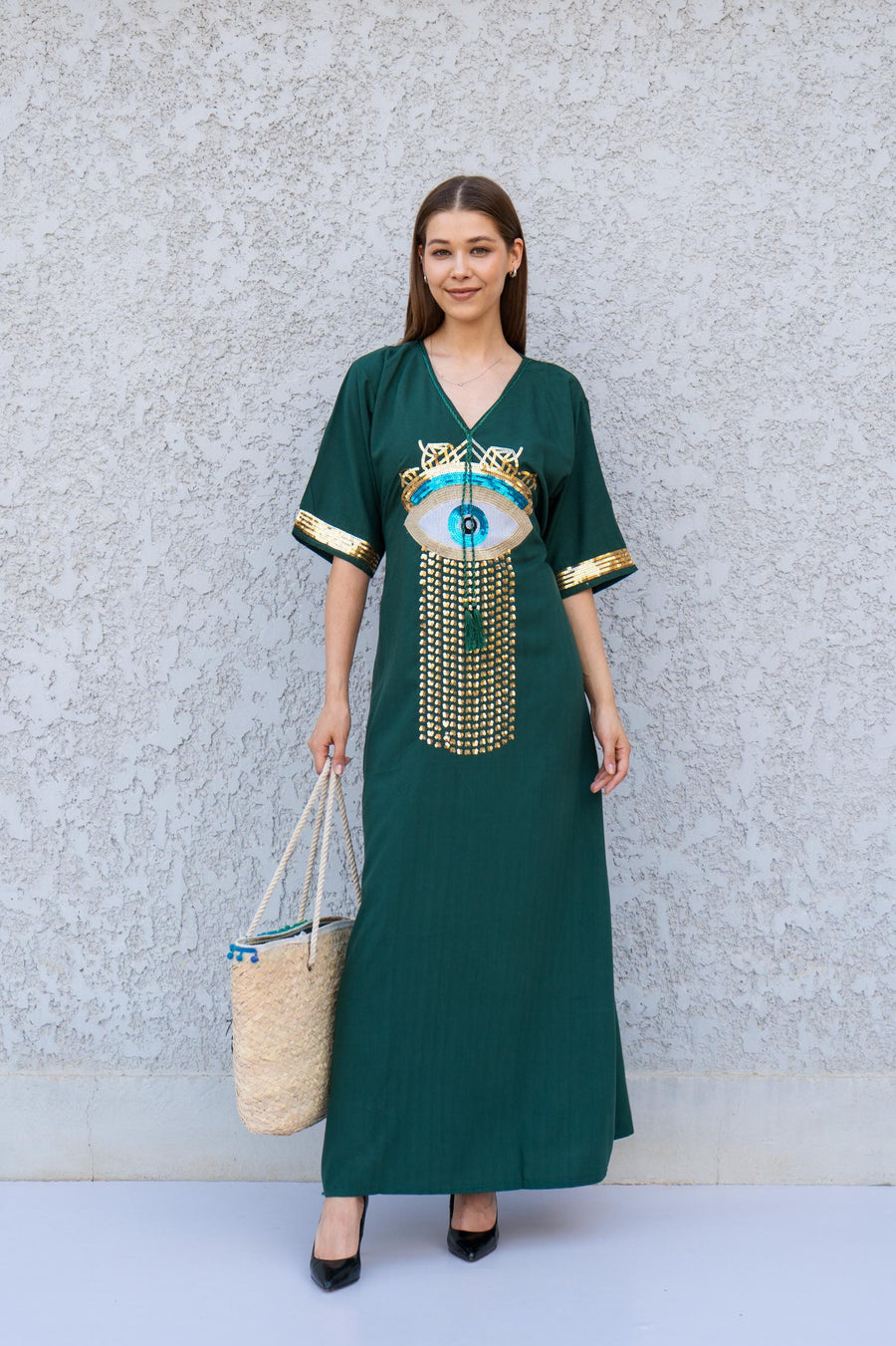 Green Evil Eye Kaftan Dress – Embroidered Maxi Caftan for Women – Greek Turkish Nazar Dress – Boho Resort Wear – Spiritual Protection Abaya