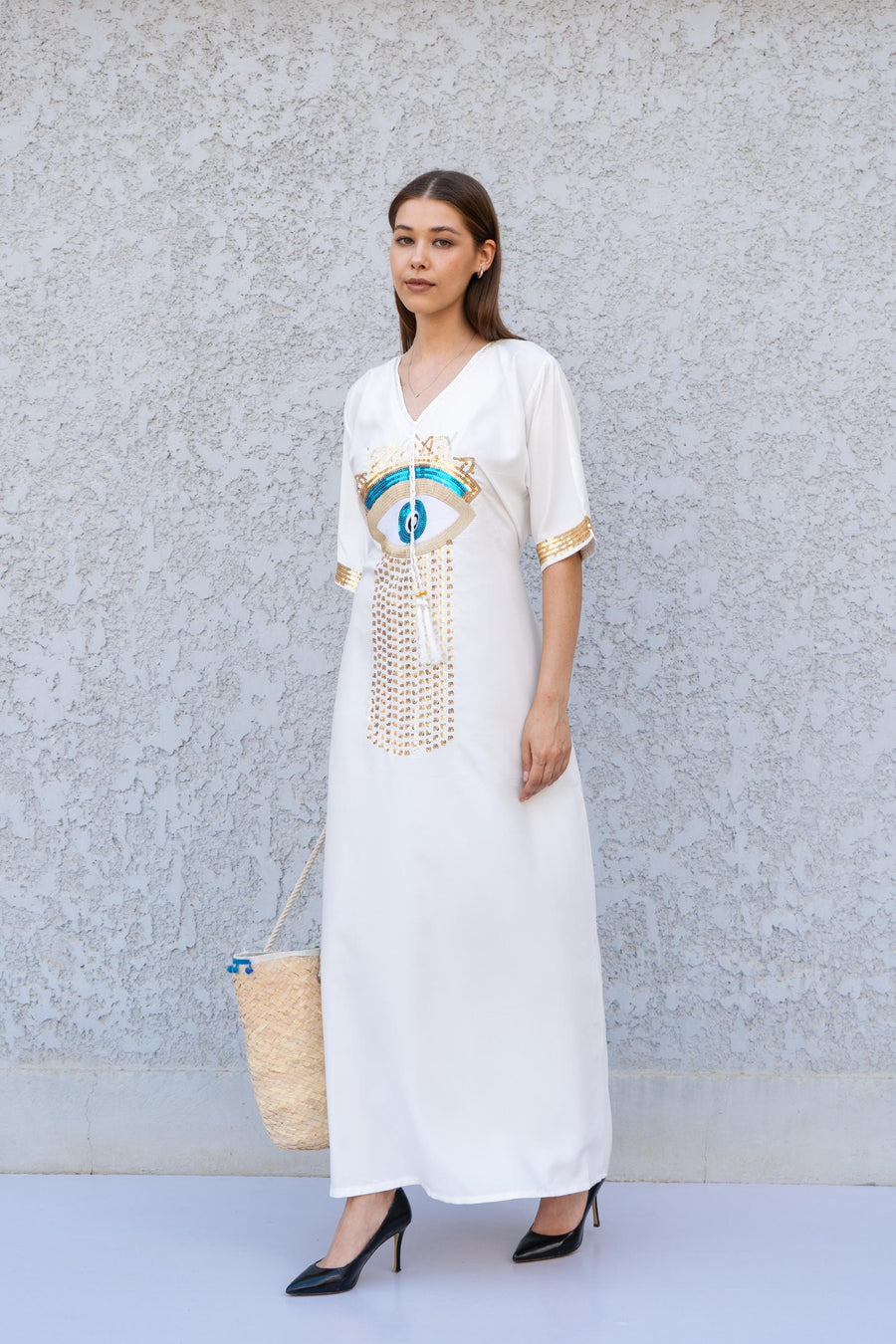 White Evil Eye Kaftan Dress – Embroidered Maxi Caftan for Women – Greek Turkish Nazar Dress – Boho Resort Wear – Spiritual Protection Abaya