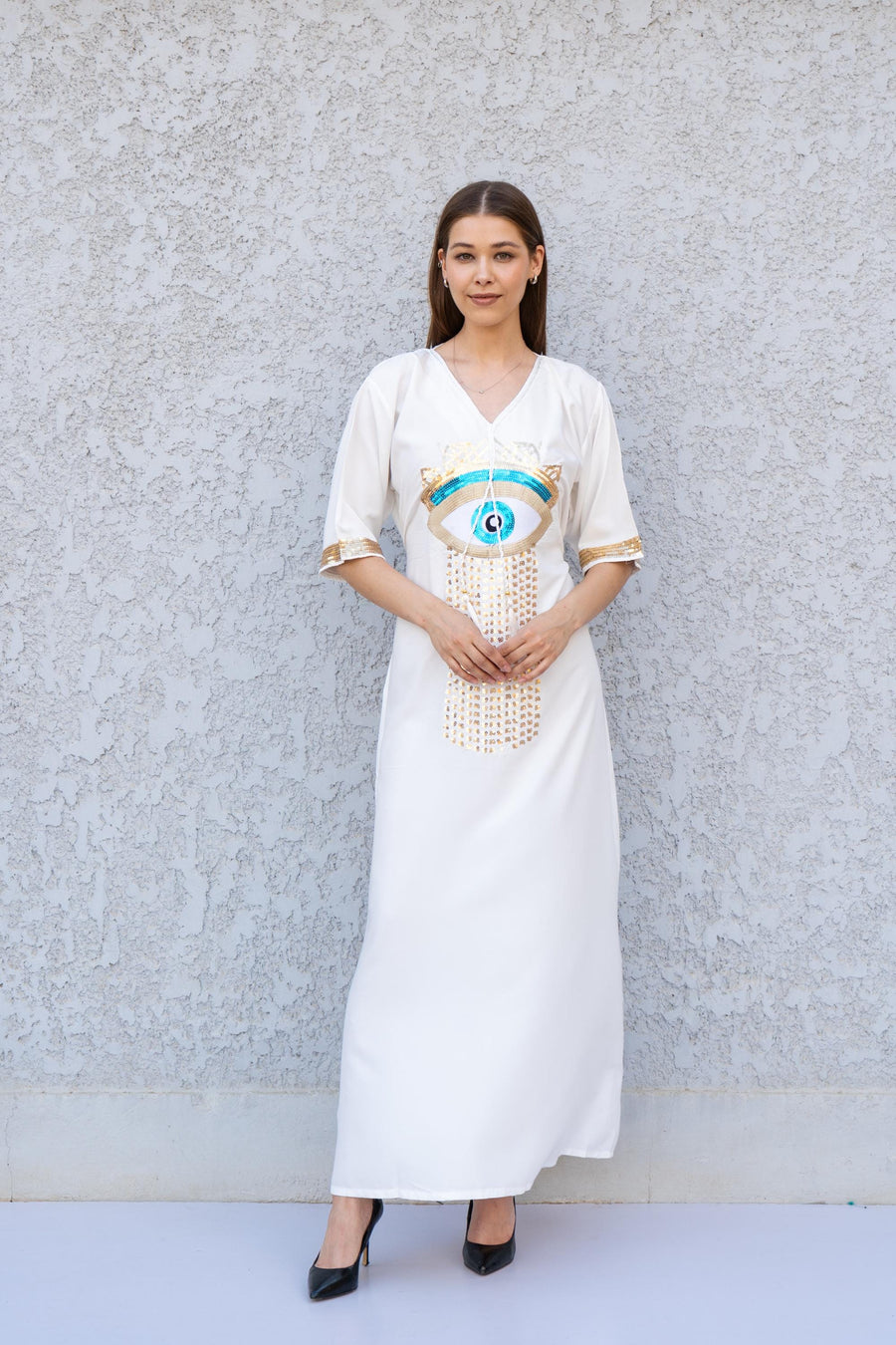 White Evil Eye Kaftan Dress – Embroidered Maxi Caftan for Women – Greek Turkish Nazar Dress – Boho Resort Wear – Spiritual Protection Abaya