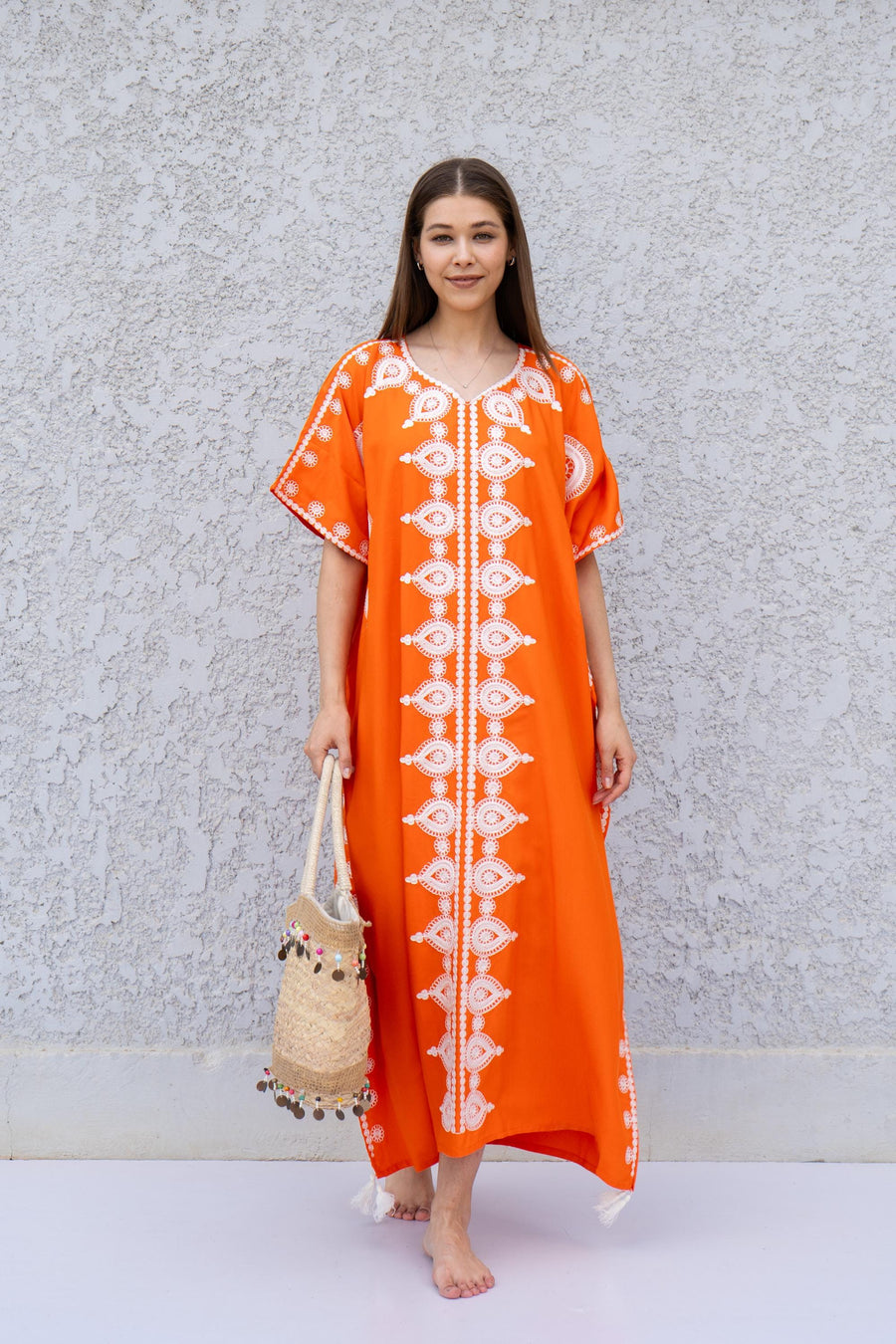 Orange Boho Caftan Dress – Moroccan Embroidered Kaftan for Women – Loose Fit Maxi Dress – Ramadan Eid Abaya – Resort Wear Loungewear