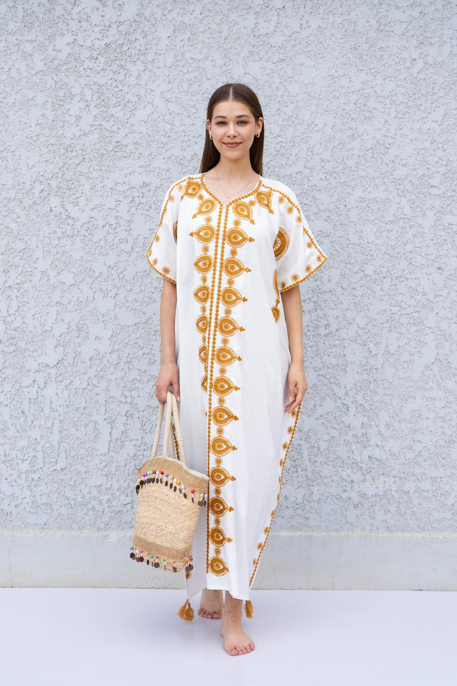 White Boho Caftan Dress – Moroccan Embroidered Kaftan for Women – Loose Fit Maxi Dress – Ramadan Eid Abaya – Resort Wear Loungewear