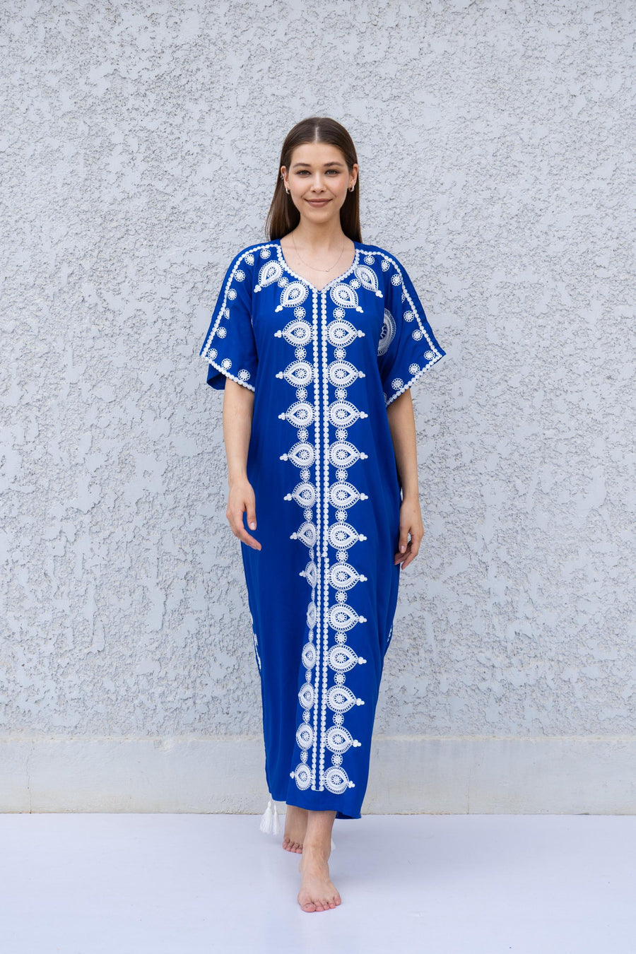 Blue Boho Caftan Dress – Moroccan Embroidered Kaftan for Women – Loose Fit Maxi Dress – Ramadan Eid Abaya – Resort Wear Loungewear