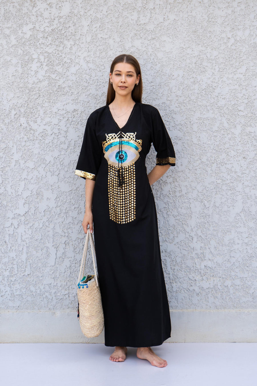Black Evil Eye Kaftan Dress – Embroidered Maxi Caftan for Women – Greek Turkish Nazar Dress – Boho Resort Wear – Spiritual Protection Abaya