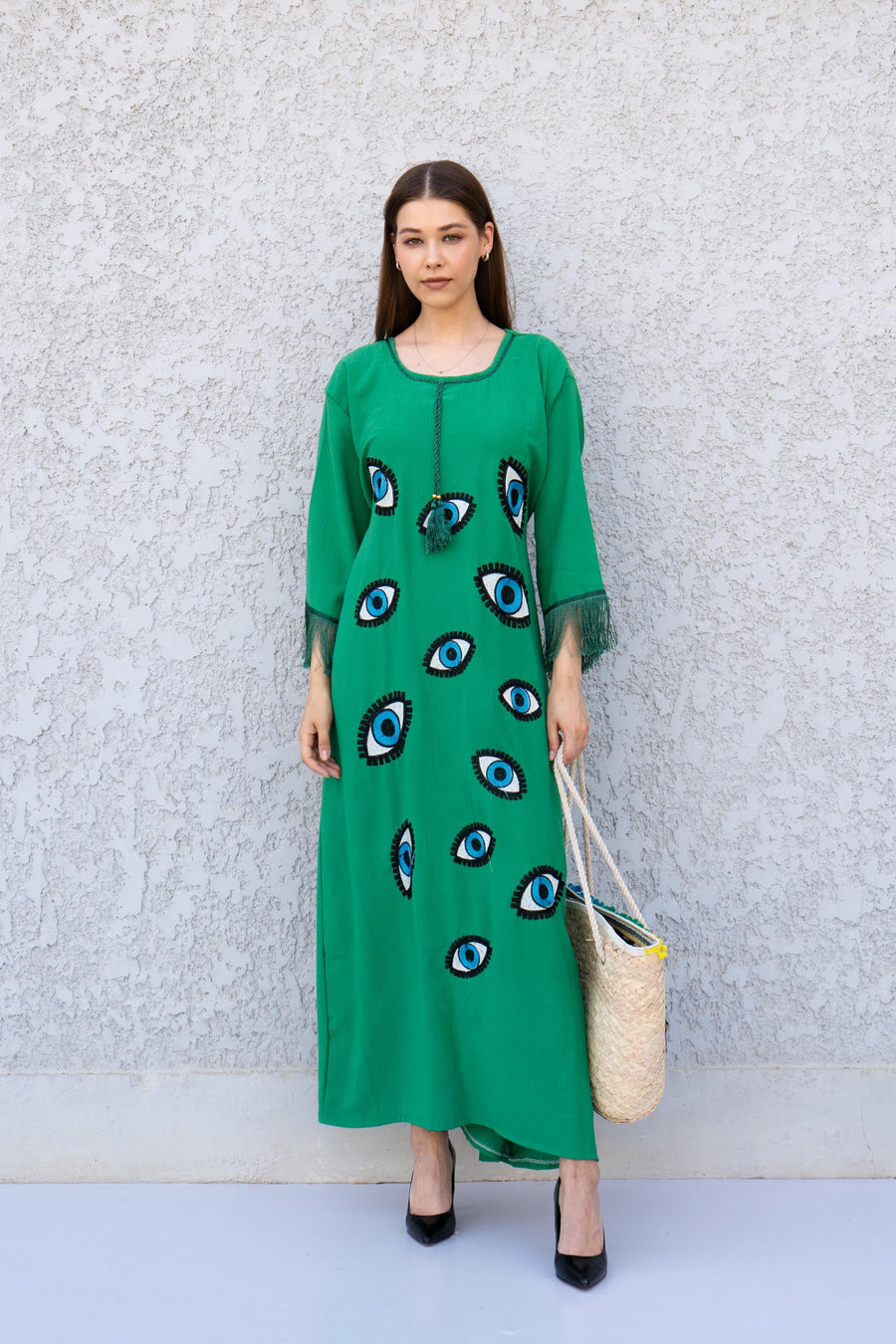 Green Evil Eye Kaftan Dress – Embroidered Caftan for Women – Boho Maxi Kaftan – Evil Eye Dress – Modest Resort Wear – Half Sleeve Caftans