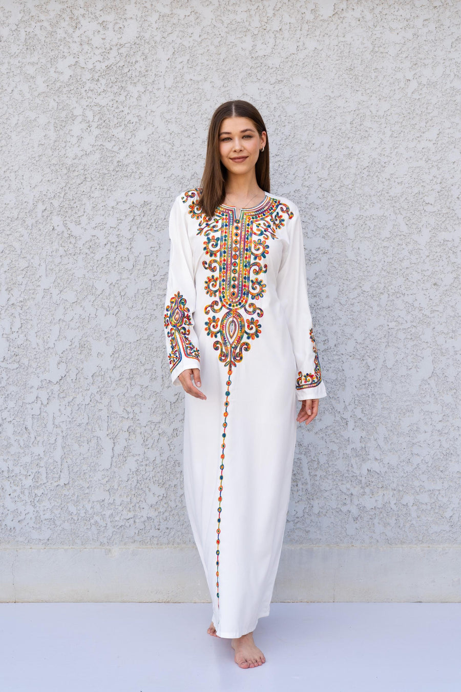 White embroidered caftan dress, embroidered Cotton caftan, Chic embroidered caftan, Egyptian cotton caftans for women
