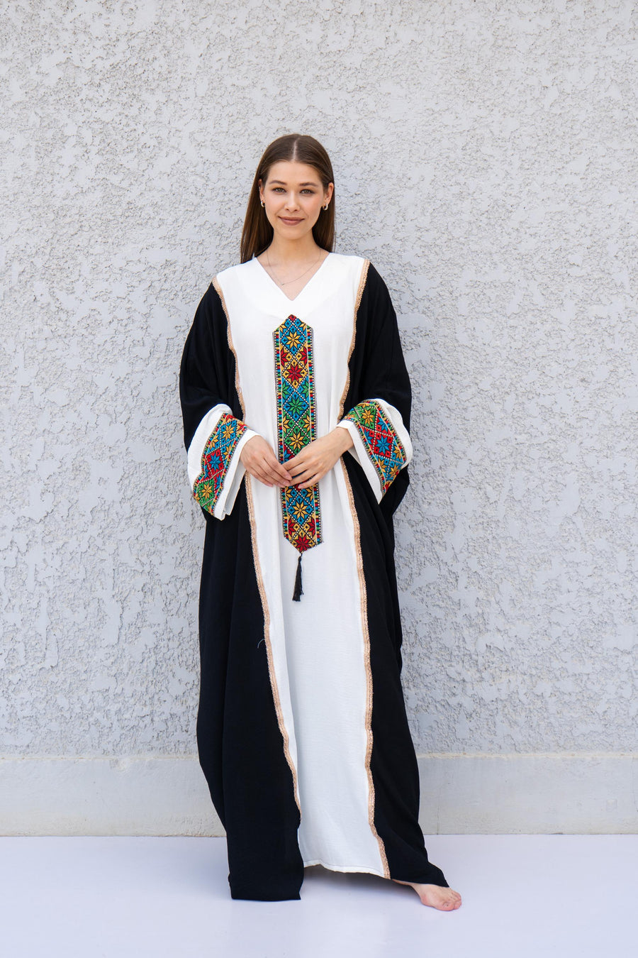 Ethnic Black and White Embroidered Kaftan – Palestinian Style Caftan for Women – Colorful Boho Caftan Dress – Traditional Ethnic Wear Caftan