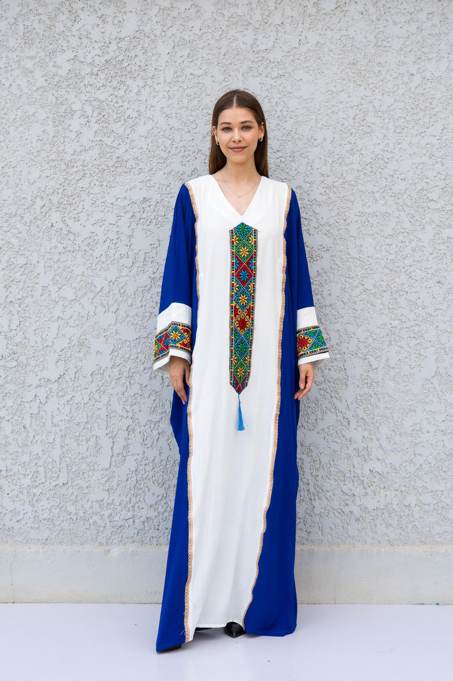 Ethnic Blue and White Embroidered Kaftan – Palestinian Style Caftan for Women – Colorful Boho Caftan Dress – Traditional Ethnic Wear Caftan