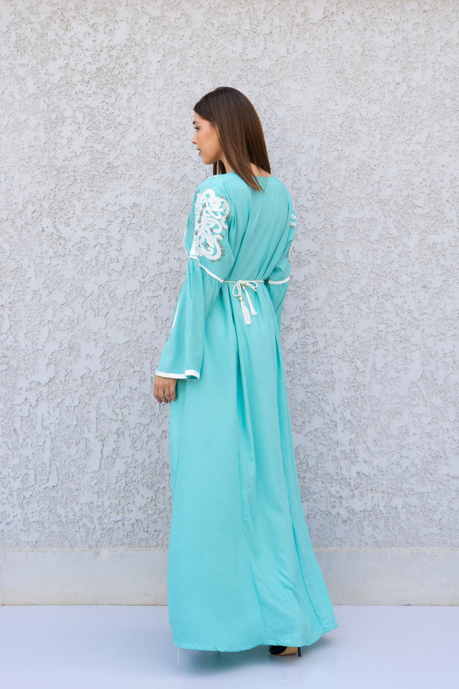 Turquoise Linen Kaftan Maxi Dress – Embroidered Caftan for Women – Boho Long Sleeve Caftan – Moroccan Style Dress – Summer Caftans