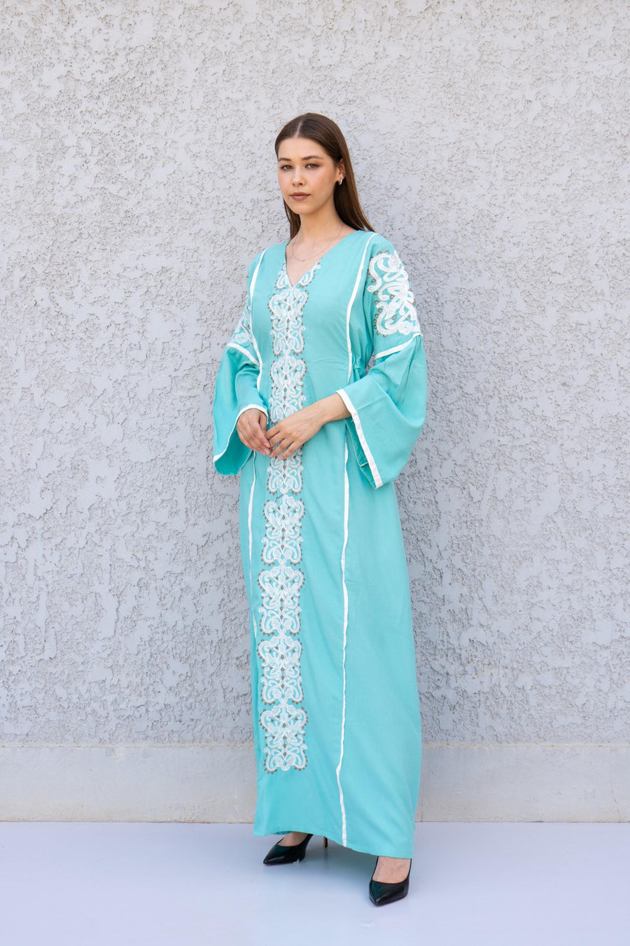 Turquoise Linen Kaftan Maxi Dress – Embroidered Caftan for Women – Boho Long Sleeve Caftan – Moroccan Style Dress – Summer Caftans