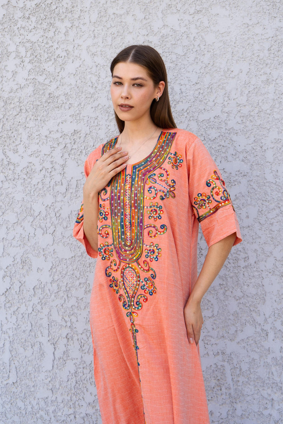 Orange Linen Kaftan Dress with Sequins – Embroidered Caftan for Women – Short Sleeve Maxi Dress – Lightweight Summer Caftans – Lounge Wear