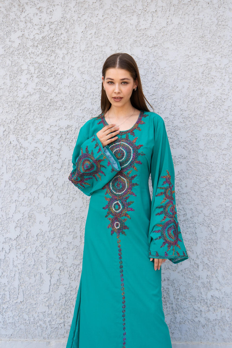 Hand Embroidered Teal Green Kaftan Dress – Artisan Caftan for Women – Long Sleeve Maxi Kaftan – Boho Abaya – Ethnic Caftans – Moroccan Style