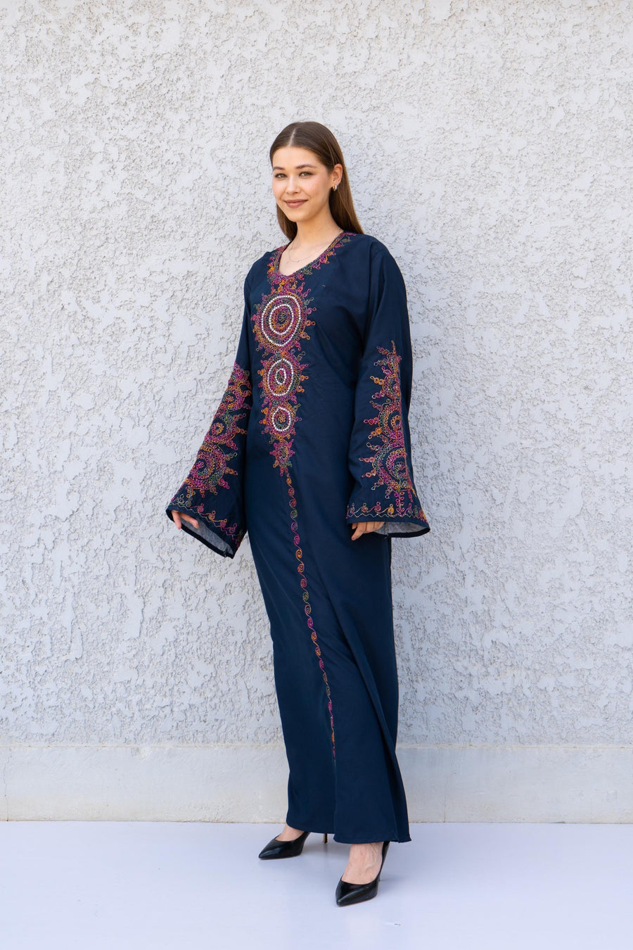 Hand Embroidered Navy Kaftan Dress – Artisan Caftan for Women – Long Sleeve Maxi Dress – Boho Abaya – Ethnic Caftans – Moroccan Style Caftan
