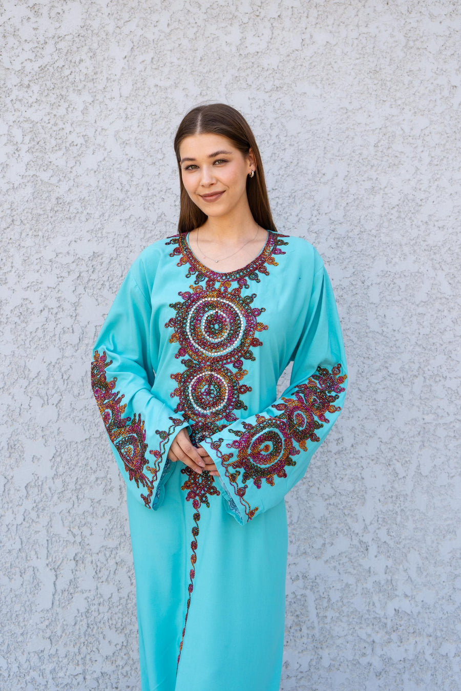 Hand Embroidered Turquoise Kaftan Dress – Artisan Caftan for Women – Long Sleeve Maxi Dress – Boho Abaya – Ethnic Women Caftans - Kaftans