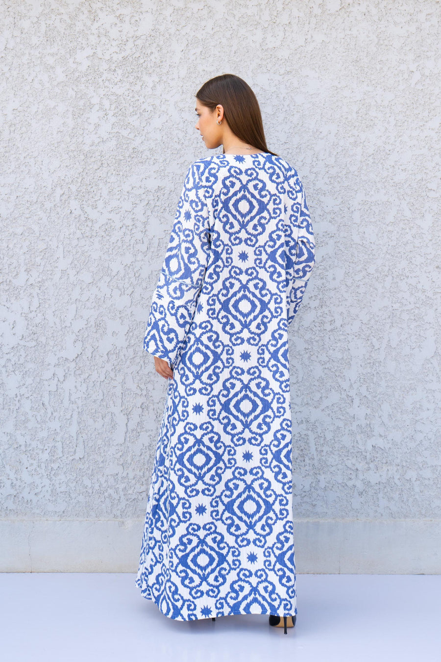 Blue Printed Kaftan Dress with Hand Embroidery – Flowy Linen-Look Caftan for Women – Lightweight Maxi Dress – Boho Resort Wear Caftans