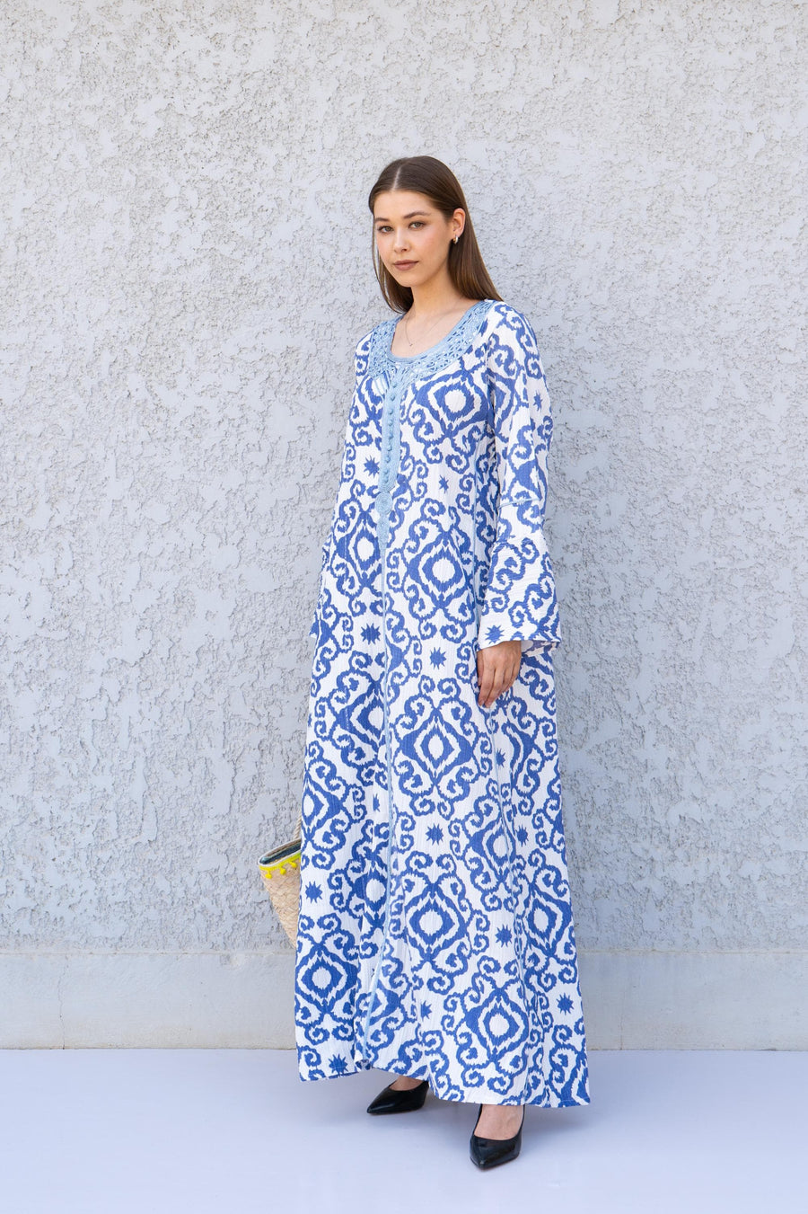 Blue Printed Kaftan Dress with Hand Embroidery – Flowy Linen-Look Caftan for Women – Lightweight Maxi Dress – Boho Resort Wear Caftans