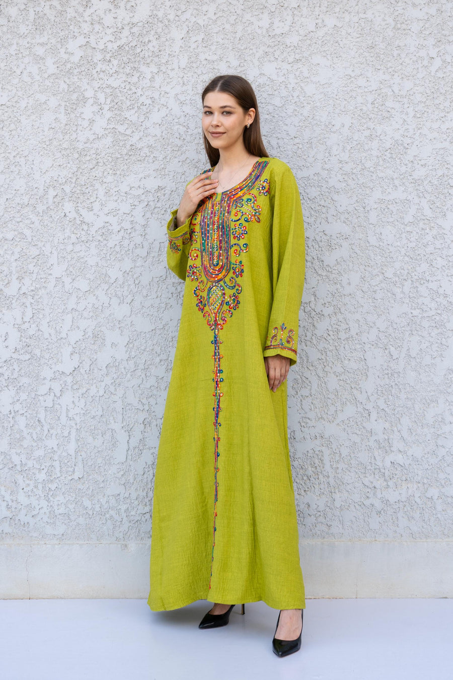 Green Linen Kaftan Dress – Embroidered Caftan for Women – Long Sleeve Maxi Dress – Lightweight Boho Caftan – Moroccan Style Linen Dress