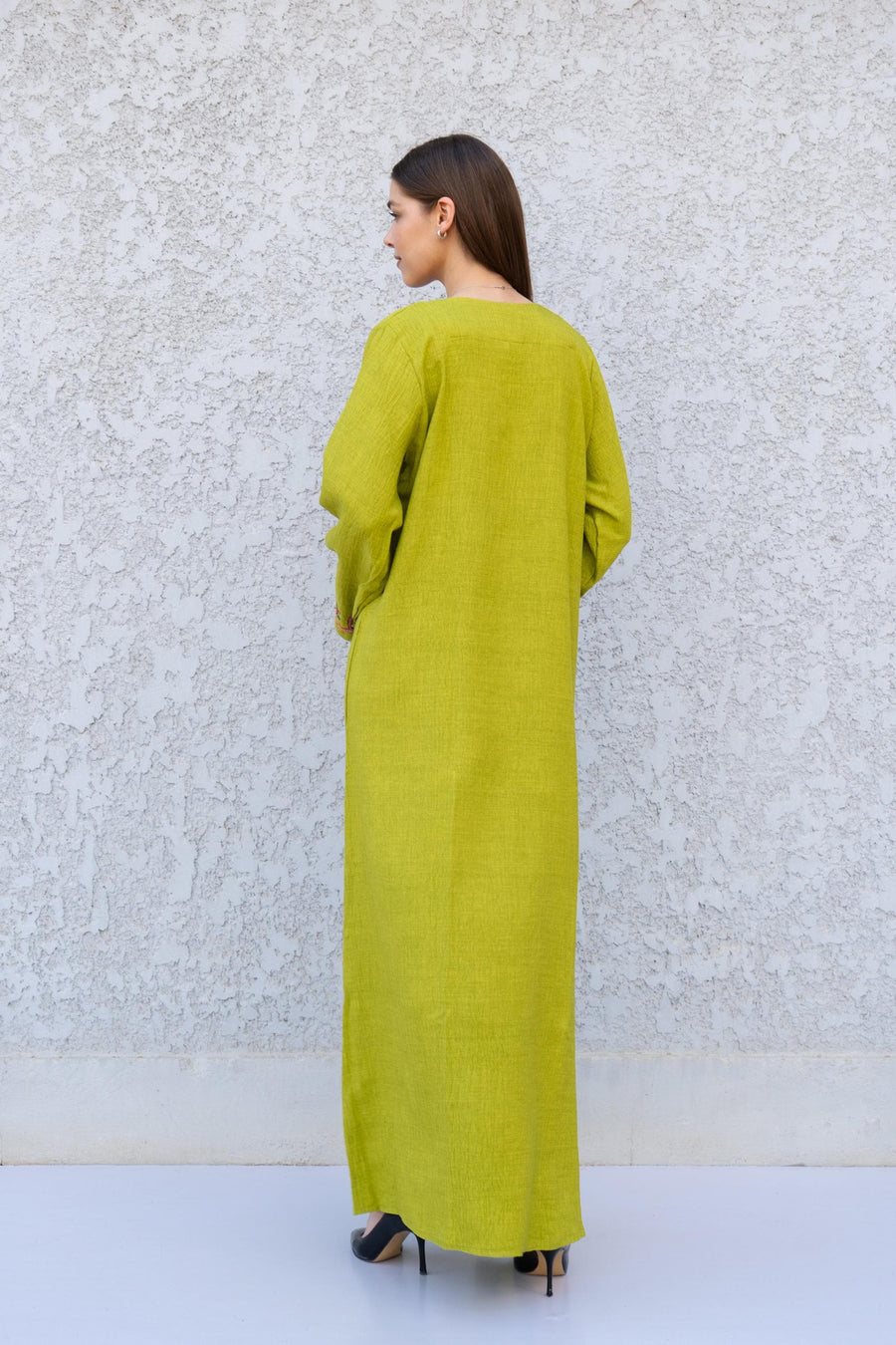 Green Linen Kaftan Dress – Embroidered Caftan for Women – Long Sleeve Maxi Dress – Lightweight Boho Caftan – Moroccan Style Linen Dress