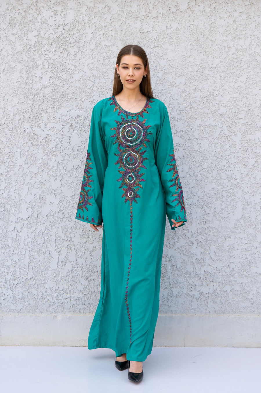 Hand Embroidered Teal Green Kaftan Dress – Artisan Caftan for Women – Long Sleeve Maxi Kaftan – Boho Abaya – Ethnic Caftans – Moroccan Style