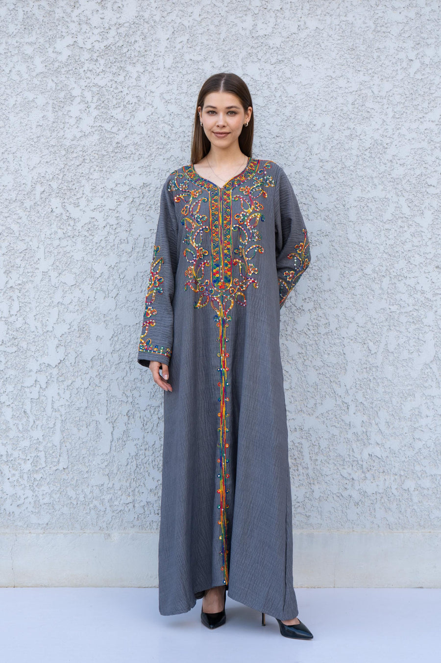 Grey Embroidered Kaftan Dress – Linen Blend Caftan for Women – Long Sleeve Maxi Kafan – Boho Moroccan Style Caftans – Lightweight Kaftan