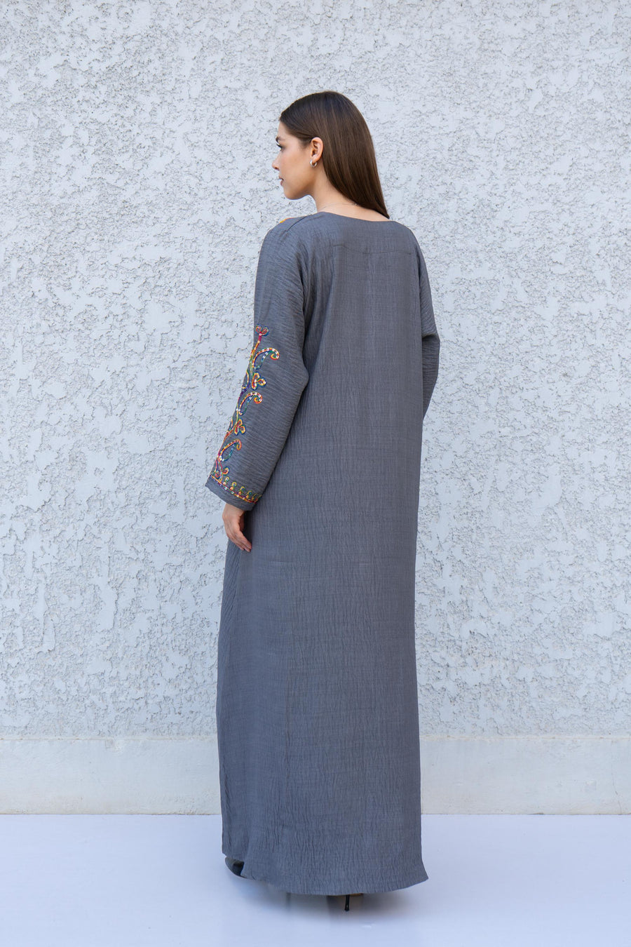 Grey Embroidered Kaftan Dress – Linen Blend Caftan for Women – Long Sleeve Maxi Kafan – Boho Moroccan Style Caftans – Lightweight Kaftan