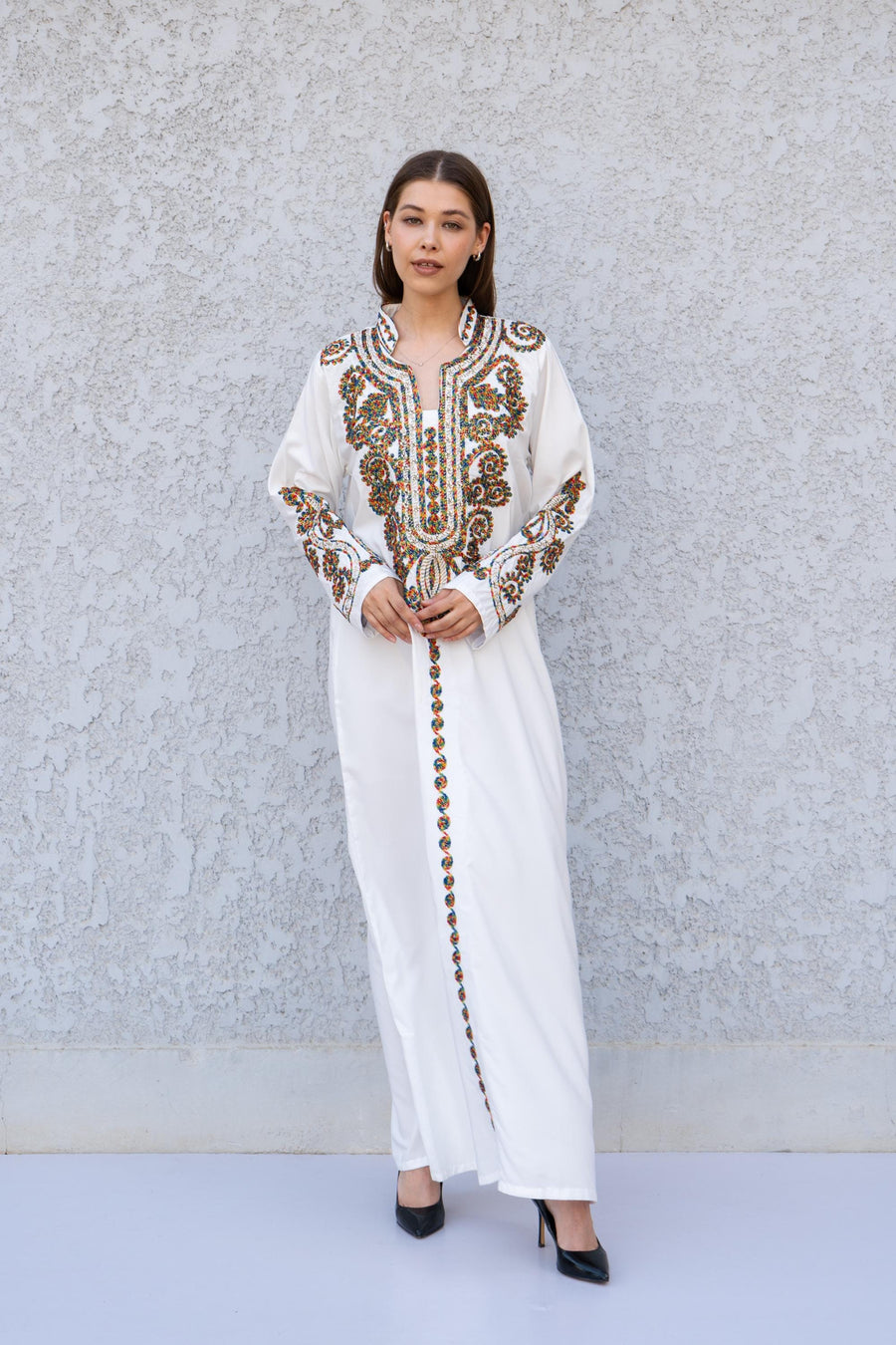 White Hand Embroidered Kaftan Dress – Cotton Blend Caftan for Women – Long Sleeve Maxi Dress – Boho Ethnic Caftans – Moroccan Style Dress