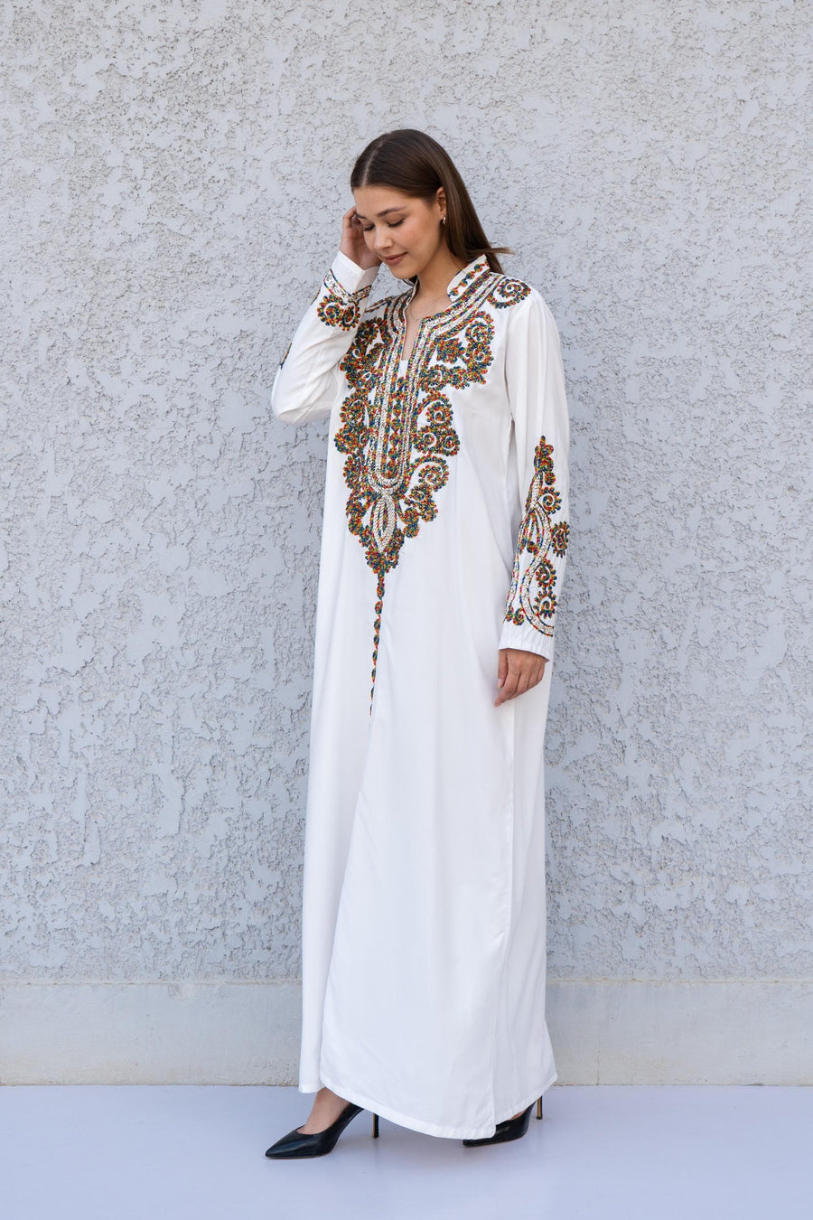 White Hand Embroidered Kaftan Dress – Cotton Blend Caftan for Women – Long Sleeve Maxi Dress – Boho Ethnic Caftans – Moroccan Style Dress