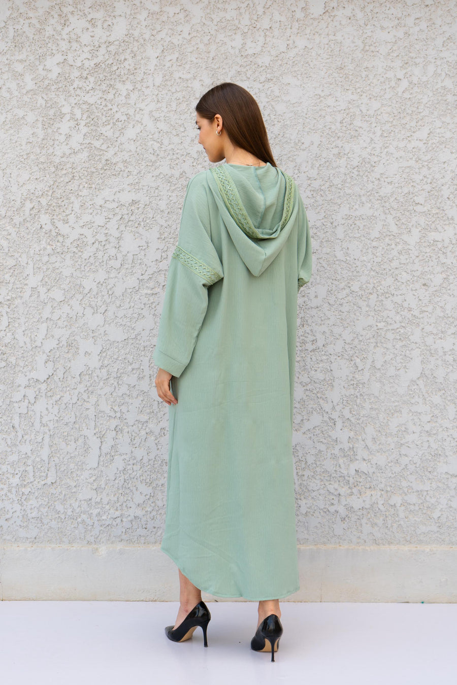 Chic Turquoise Turquoise Hooded Kaftan Dress – Hand Embroidered Linen-Look Caftan for Women – Flowy Caftan – Boho Moroccan Caftan