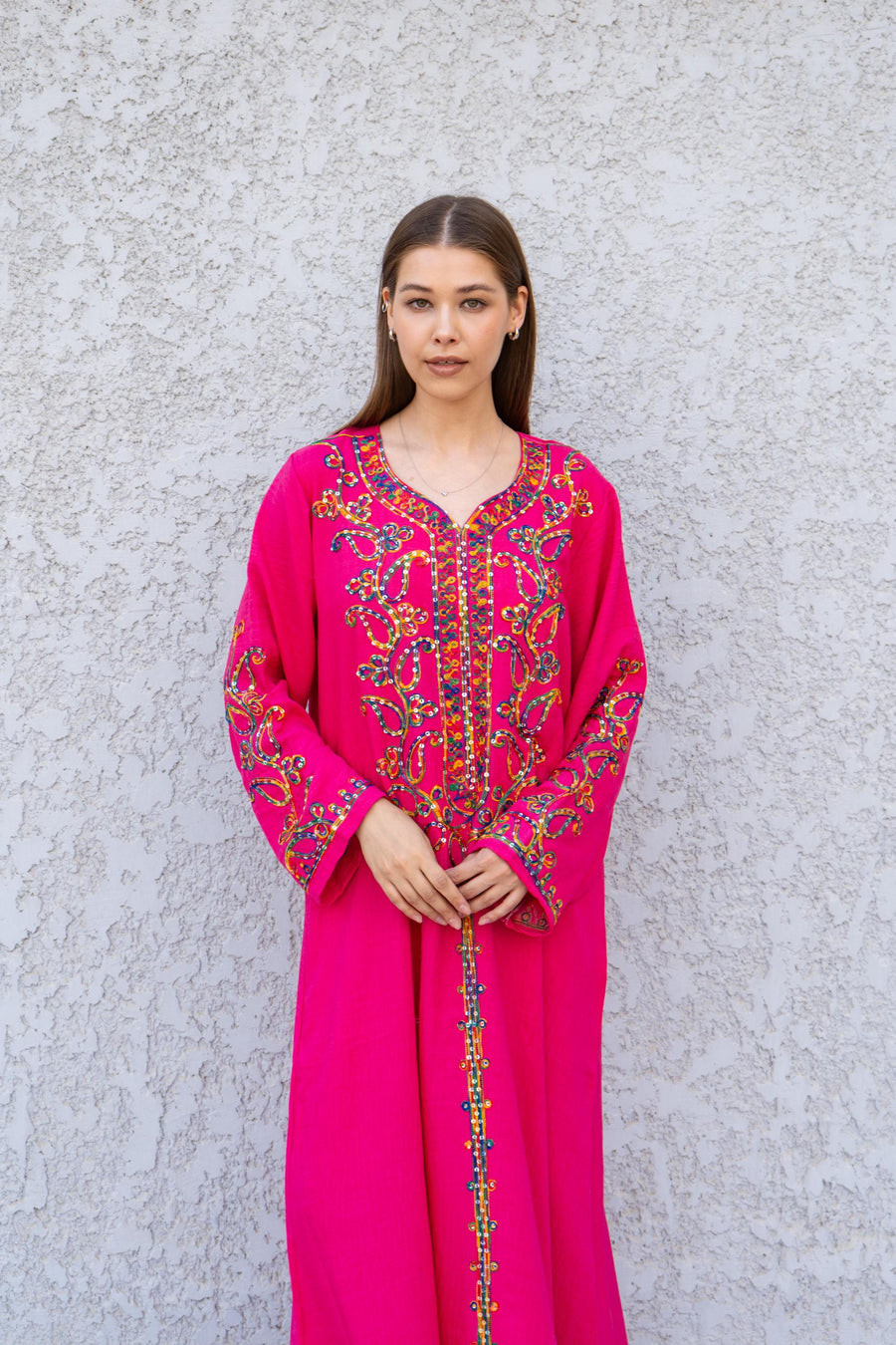 Fuchsia Embroidered Kaftan Dress – Linen Blend Caftan for Women – Long Sleeve Maxi Dress – Boho Moroccan Style Caftans – Lightweight Kaftan