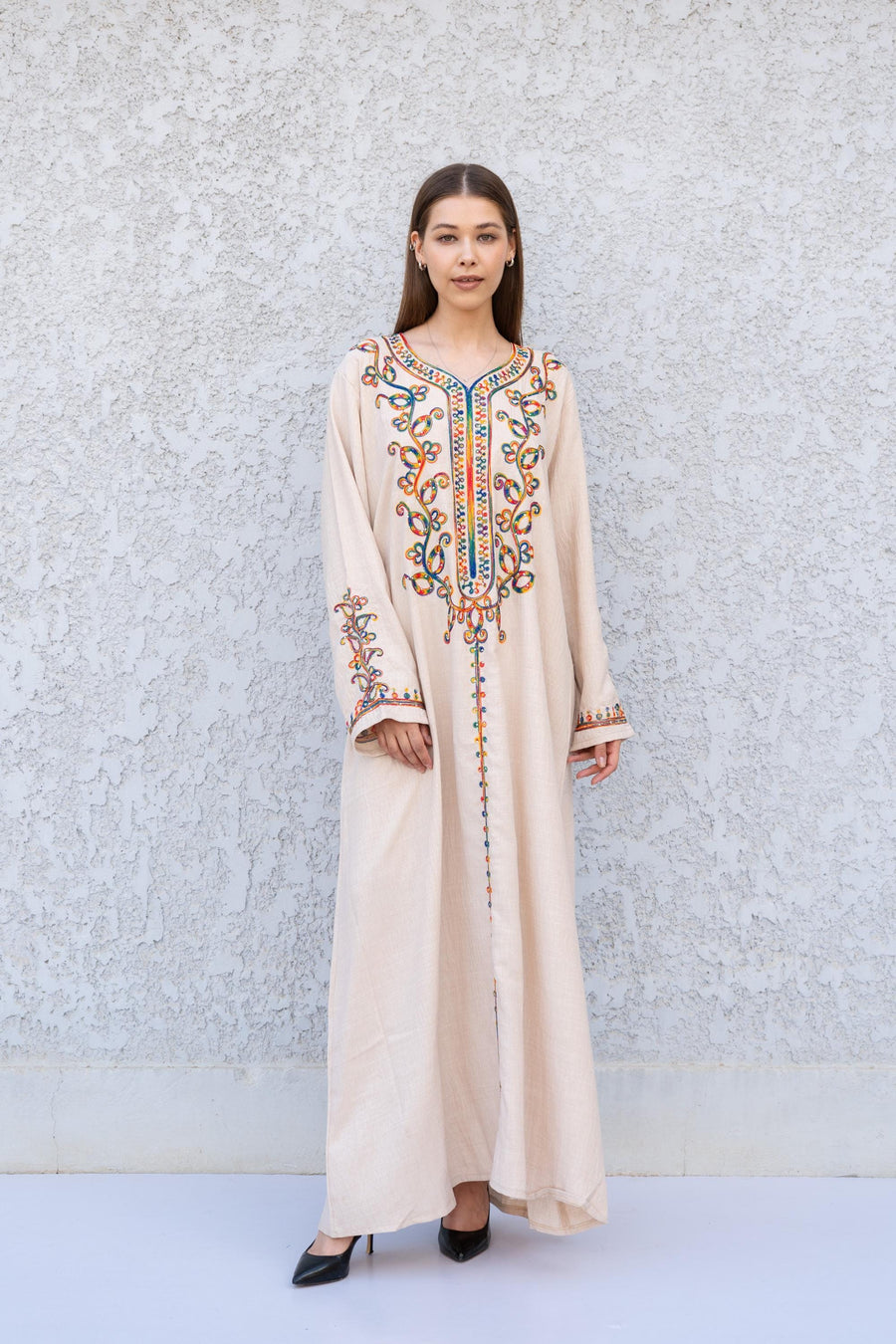 Beige Embroidered Kaftan Dress – Linen Blend Caftan for Women – Long Sleeve Maxi Dress – Boho Moroccan Style Caftans – Lightweight Caftan