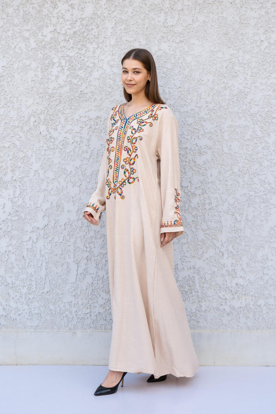 Beige Embroidered Kaftan Dress – Linen Blend Caftan for Women – Long Sleeve Maxi Dress – Boho Moroccan Style Caftans – Lightweight Caftan