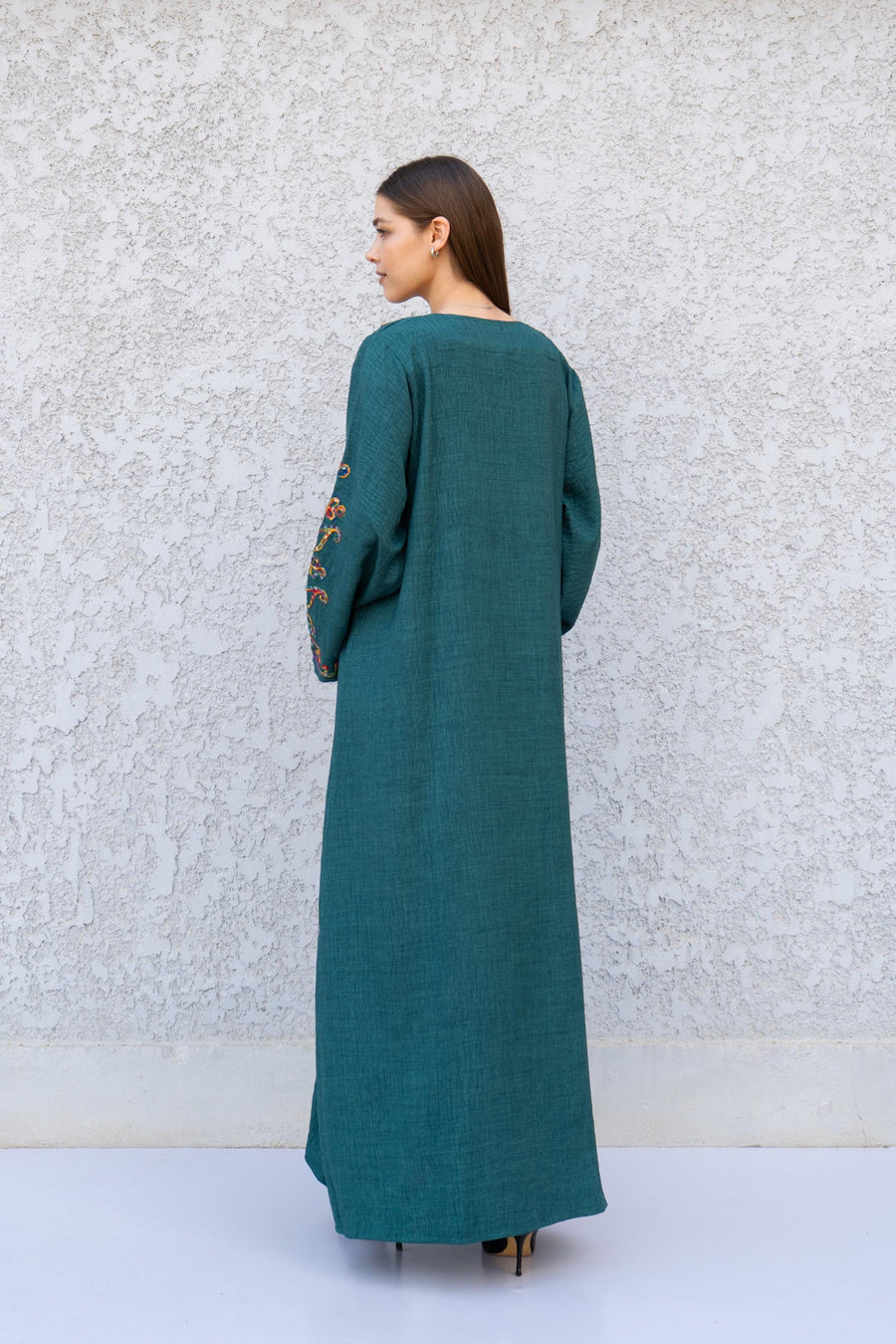 Green Embroidered Kaftan Dress – Linen Blend Caftan for Women – Long Sleeve Maxi Dress – Boho Moroccan Style Caftans – Lightweight Kaftan