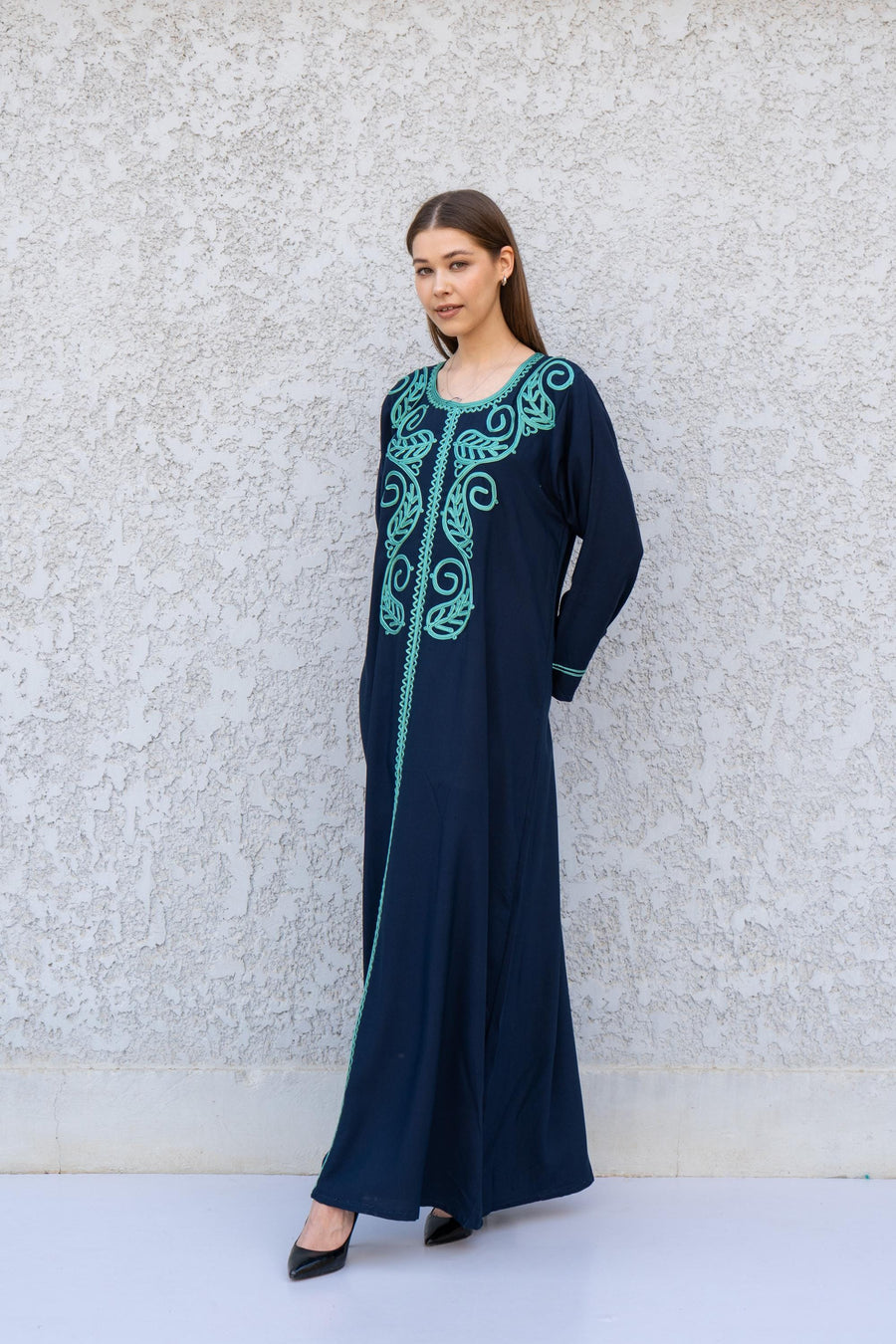 Navy Kaftan Dress with Hand Embroidery – Cotton Blend Caftan for Women – Long Sleeve Maxi Dress – Elegant Boho Caftans – Moroccan Caftan