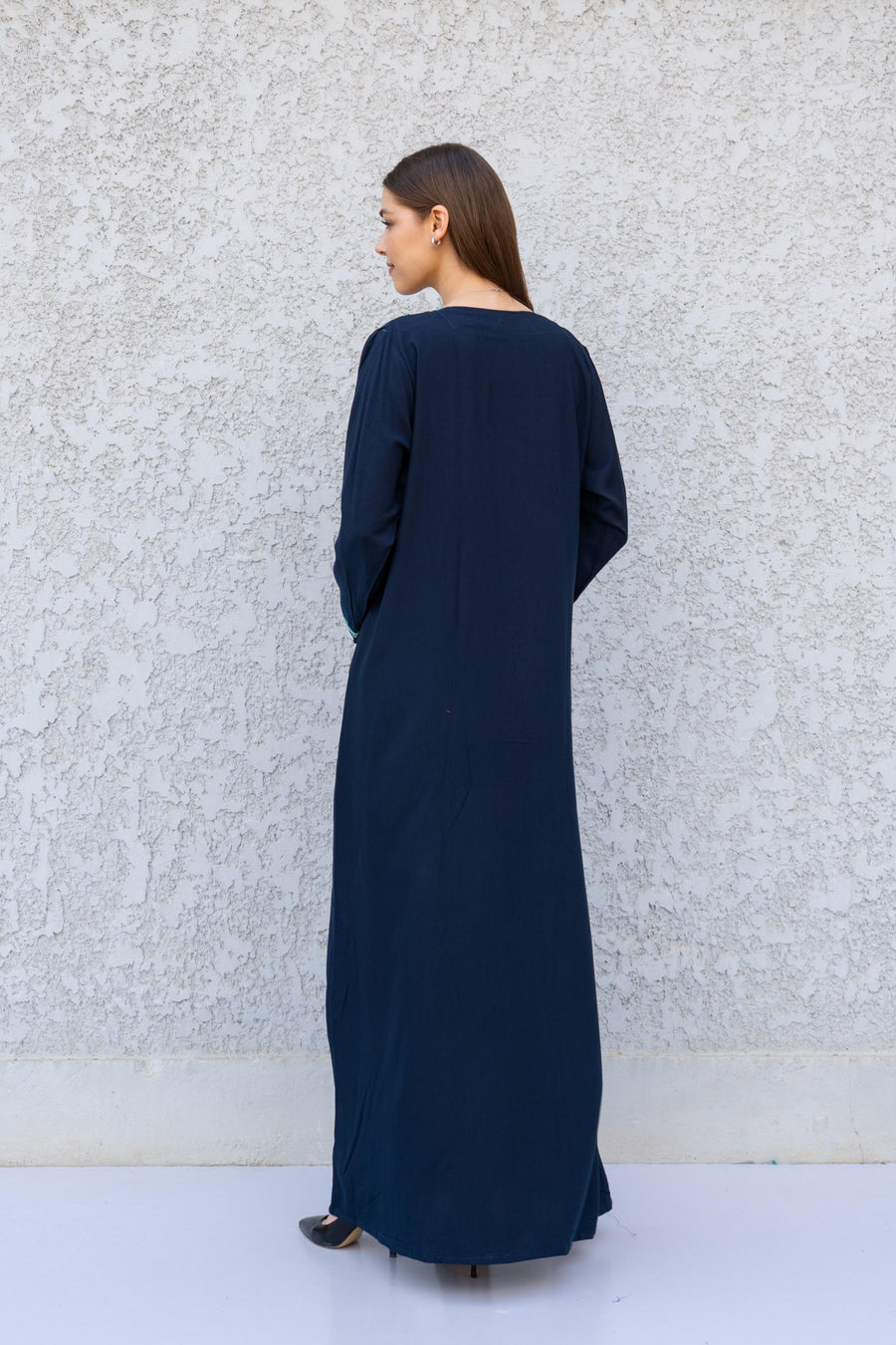 Navy Kaftan Dress with Hand Embroidery – Cotton Blend Caftan for Women – Long Sleeve Maxi Dress – Elegant Boho Caftans – Moroccan Caftan