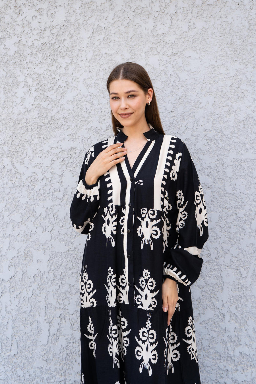Black Viscose Kaftan Dress with Buttons – Embroidered Caftan for Women – Long Sleeve Maxi Dress – Boho Everyday Wear – Flowy Caftans