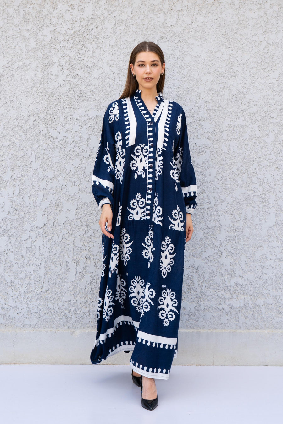 Navy Viscose Kaftan Dress with Buttons – Embroidered Caftan for Women – Long Sleeve Maxi Dress – Boho Everyday Wear – Flowy Caftans