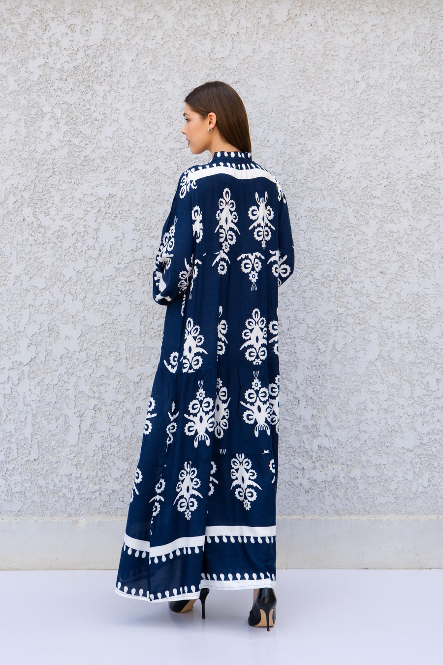 Navy Viscose Kaftan Dress with Buttons – Embroidered Caftan for Women – Long Sleeve Maxi Dress – Boho Everyday Wear – Flowy Caftans