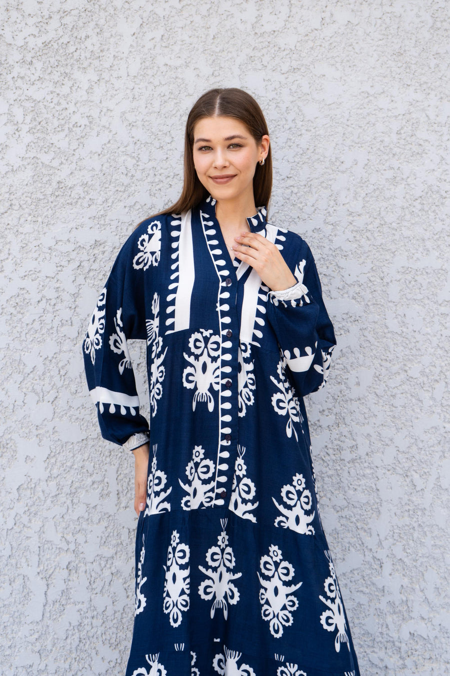 Navy Viscose Kaftan Dress with Buttons – Embroidered Caftan for Women – Long Sleeve Maxi Dress – Boho Everyday Wear – Flowy Caftans