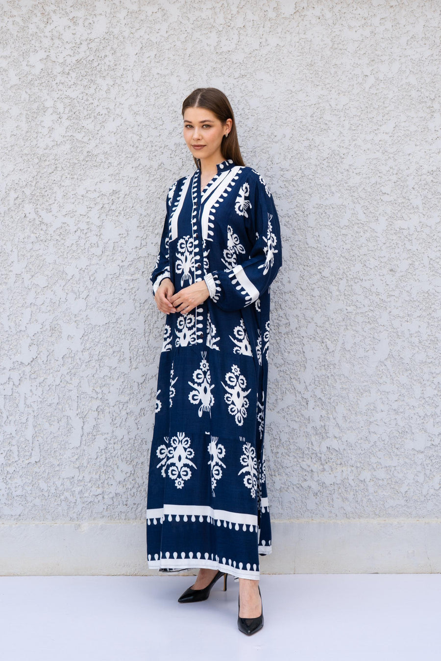 Navy Viscose Kaftan Dress with Buttons – Embroidered Caftan for Women – Long Sleeve Maxi Dress – Boho Everyday Wear – Flowy Caftans
